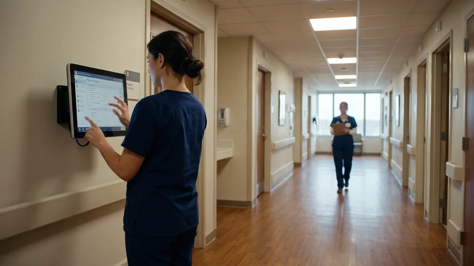 Hospital corridor with a clinical workstation in soft morning light